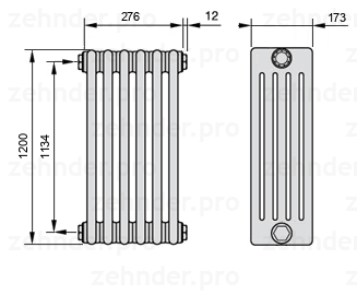 Схема (чертеж) Радиатор Zehnder Charleston 5120/6 №1270 Белый глянцевый RAL 9016